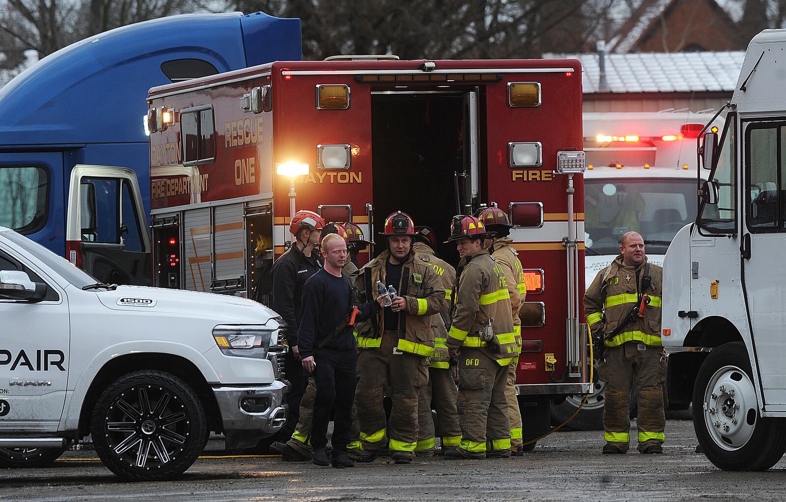 The Dayton Fire Department, a hazmat team and Dayton police responded to an incident Wednesday, Jan. 25, 2023, at ENS Truck Repair Eagle Trucking in the 1100 block of West Stewart Street. MARSHALL GORBY \STAFF