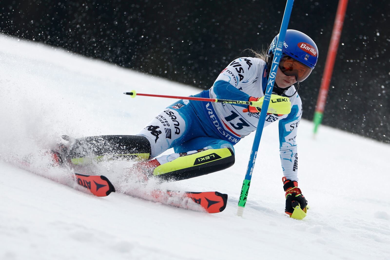 United States' Mikaela Shiffrin competes during in a slalom run of a women's team combined event, at the Alpine Ski World Championships, in Saalbach-Hinterglemm, Austria, Tuesday, Feb. 11, 2025. (AP Photo/Gabriele Facciotti)