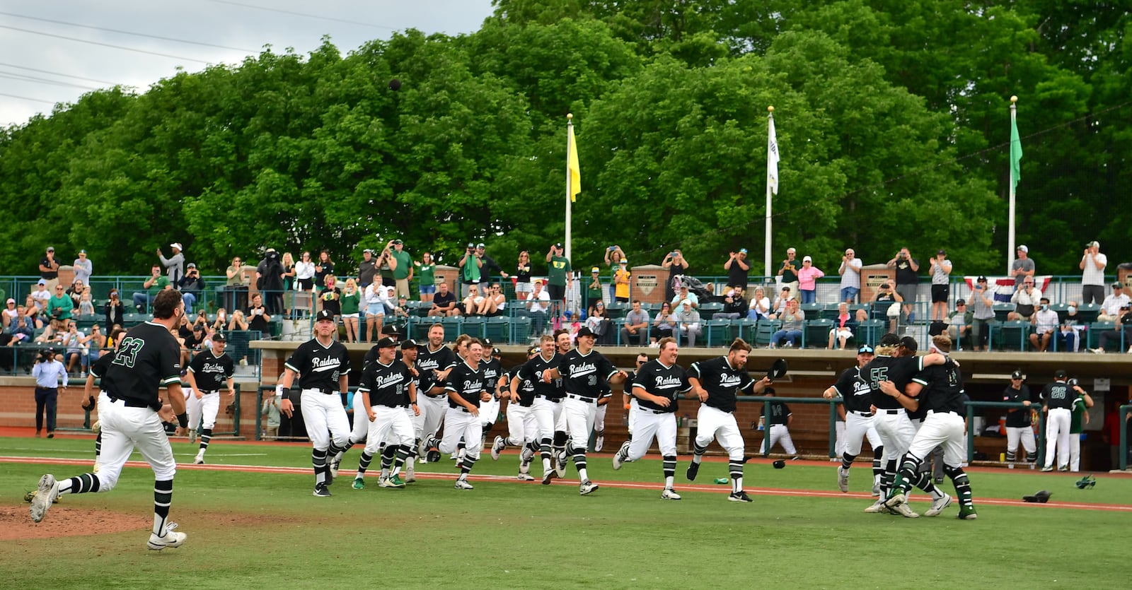 Wright State celebrates after winning the Horizon League tournament on Saturday, May 28, 2022, at Nischwitz Stadium in Fairborn. Photo courtesy of Wright State