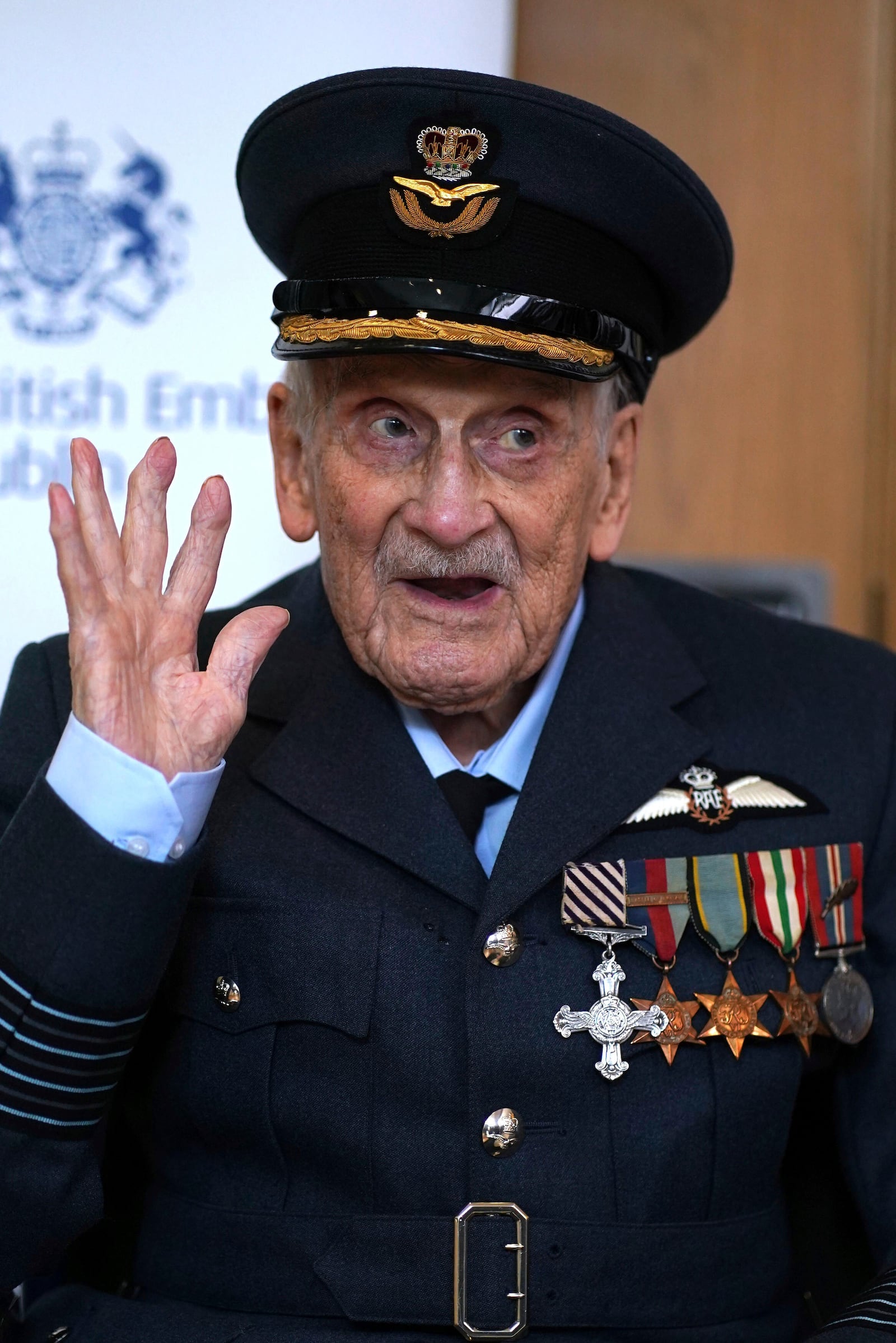 FILE - The last known Battle of Britain pilot, Group Captain John 'Paddy' Hemingway DFC celebrating his 105th birthday at the British Embassy in Dublin, Ireland, July 17, 2024. (Brian Lawless/PA via AP, File)