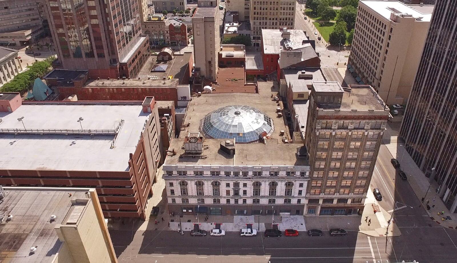 Aerial view of the Dayton Arcade complex along Ludow Street.  Six months after being denied state historic tax credits, the developers of the Dayton Arcade officially earned $5 million in incentives on Wednesday, June 28, 2017.    TY GREENLEES / STAFF