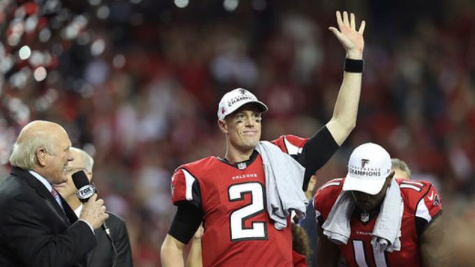 Matt Ryan #2 and Julio Jones #11 of the Atlanta Falcons after defeating the Green Bay Packers in the NFC Championship Game at the Georgia Dome on January 22, 2017 in Atlanta, Georgia. The Falcons defeated the Packers 44-21. (Photo credit: 2017 Getty Images)