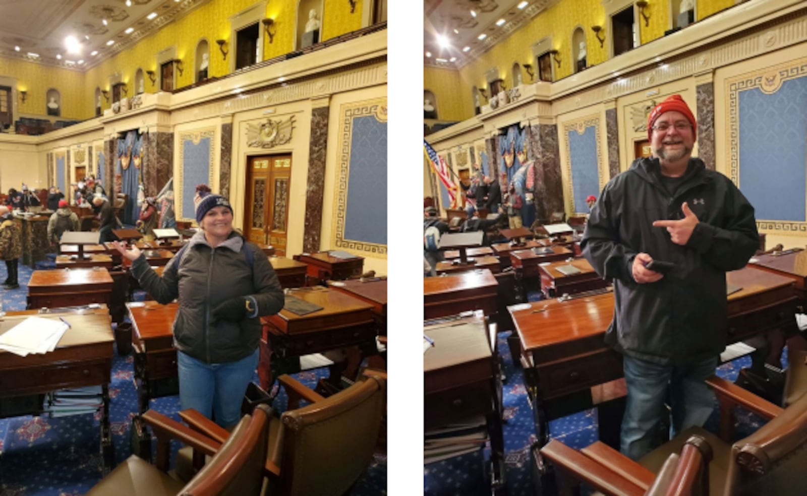 Shawndale Chilcoat (left) and Donald Chilcoat (right), shown posing in the Senate chambers in photos shared on their Facebook pages and included in a federal criminal complaint.