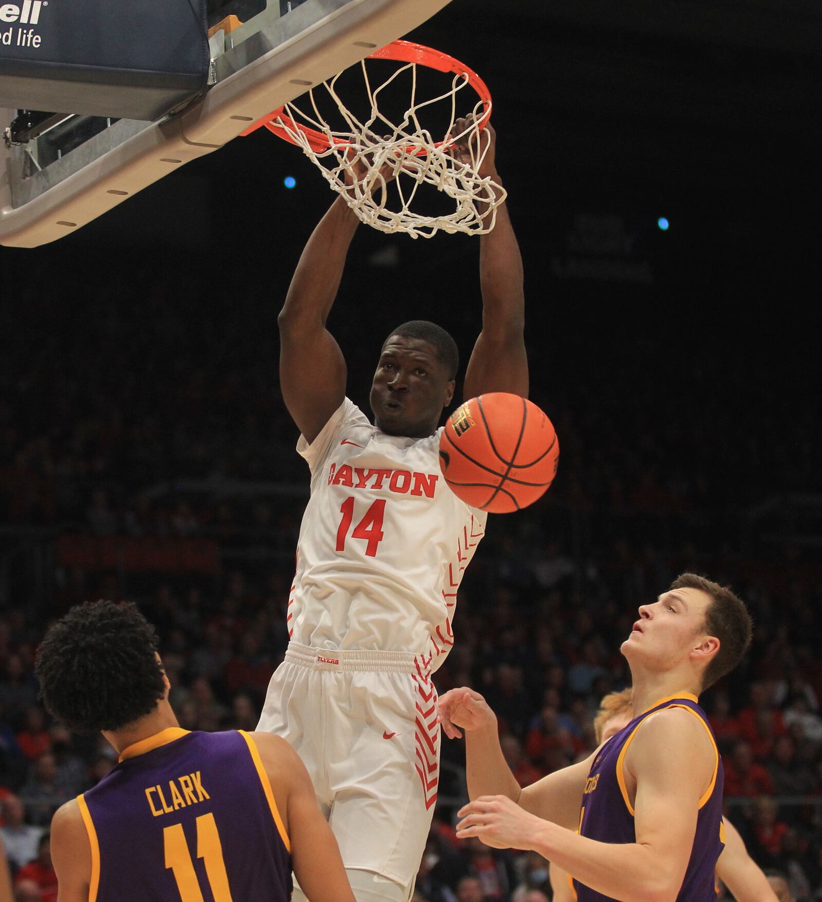 Dayton's Moulaye Sissoko dunks against Lipscomb on Wednesday, Nov. 17, 2021, at UD Arena. David Jablonski/Staff