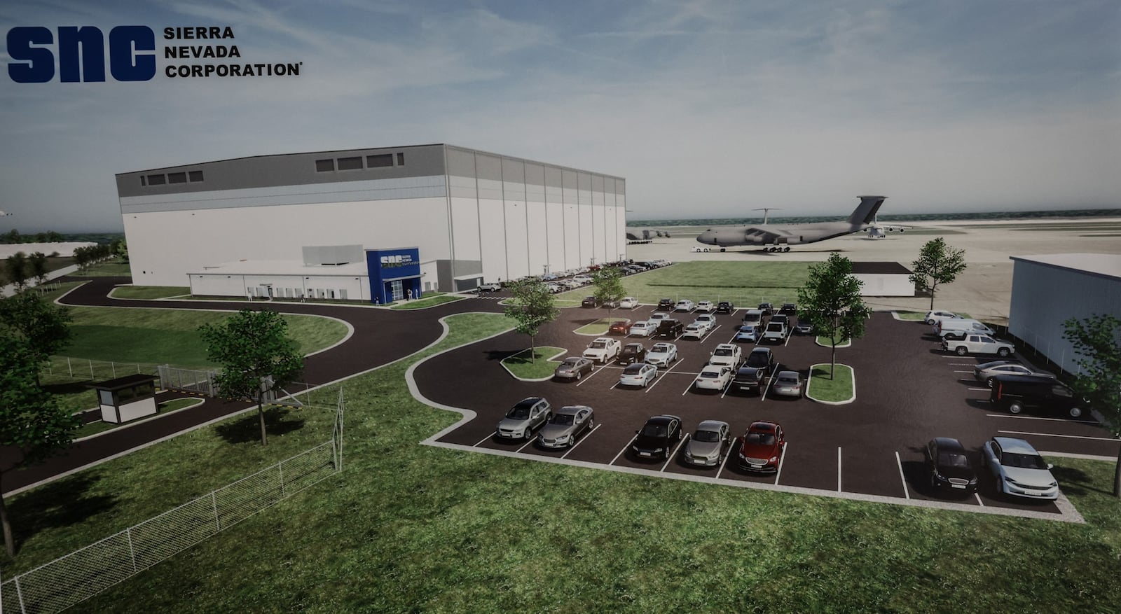 This is an artist rendering of the new Aerospace, defense and national security firm, Sierra Nevada Corporation is building  at the Dayton International Airport. JIM NOELKER/STAFF