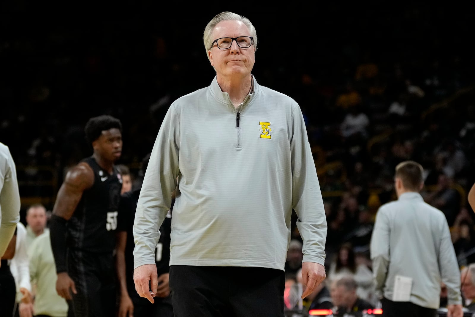 Iowa head coach Fran McCaffery walks off the court at the end of the first half of an NCAA college basketball game against Michigan State, Thursday, March 6, 2025, in Iowa City, Iowa. (AP Photo/Charlie Neibergall)