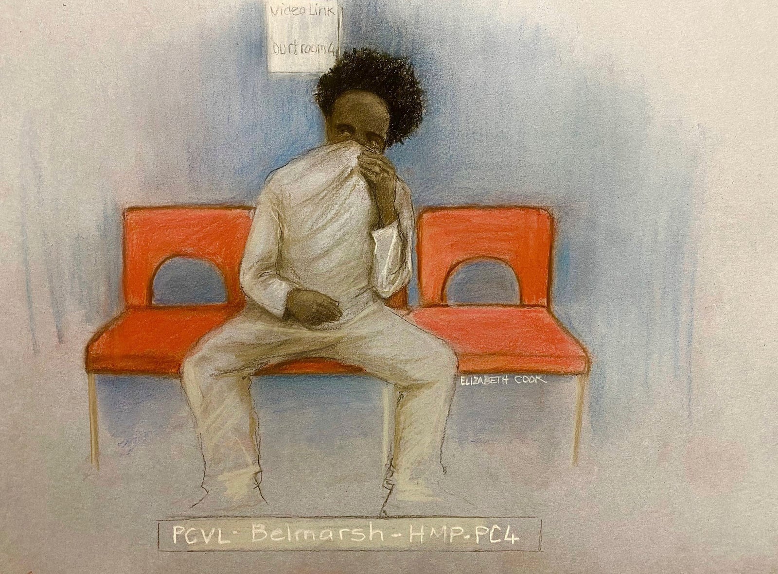 A court artist drawing by Elizabeth Cook of Axel Rudakubana, 18, appearing by video-link from Belmarsh prison at London's Westminster Magistrates' Court, Wednesday Oct. 30, 2024. (Elizabeth Cook/PA via AP)