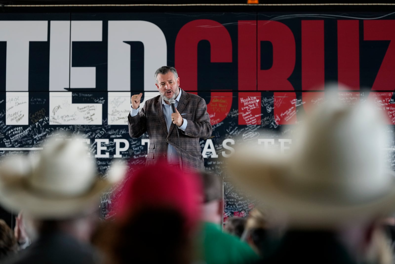 Sen. Ted Cruz, R-Texas, speaks to supporters during a campaign rally Tuesday, Oct. 29, 2024, in Jourdanton, Texas. (AP Photo/Eric Gay)