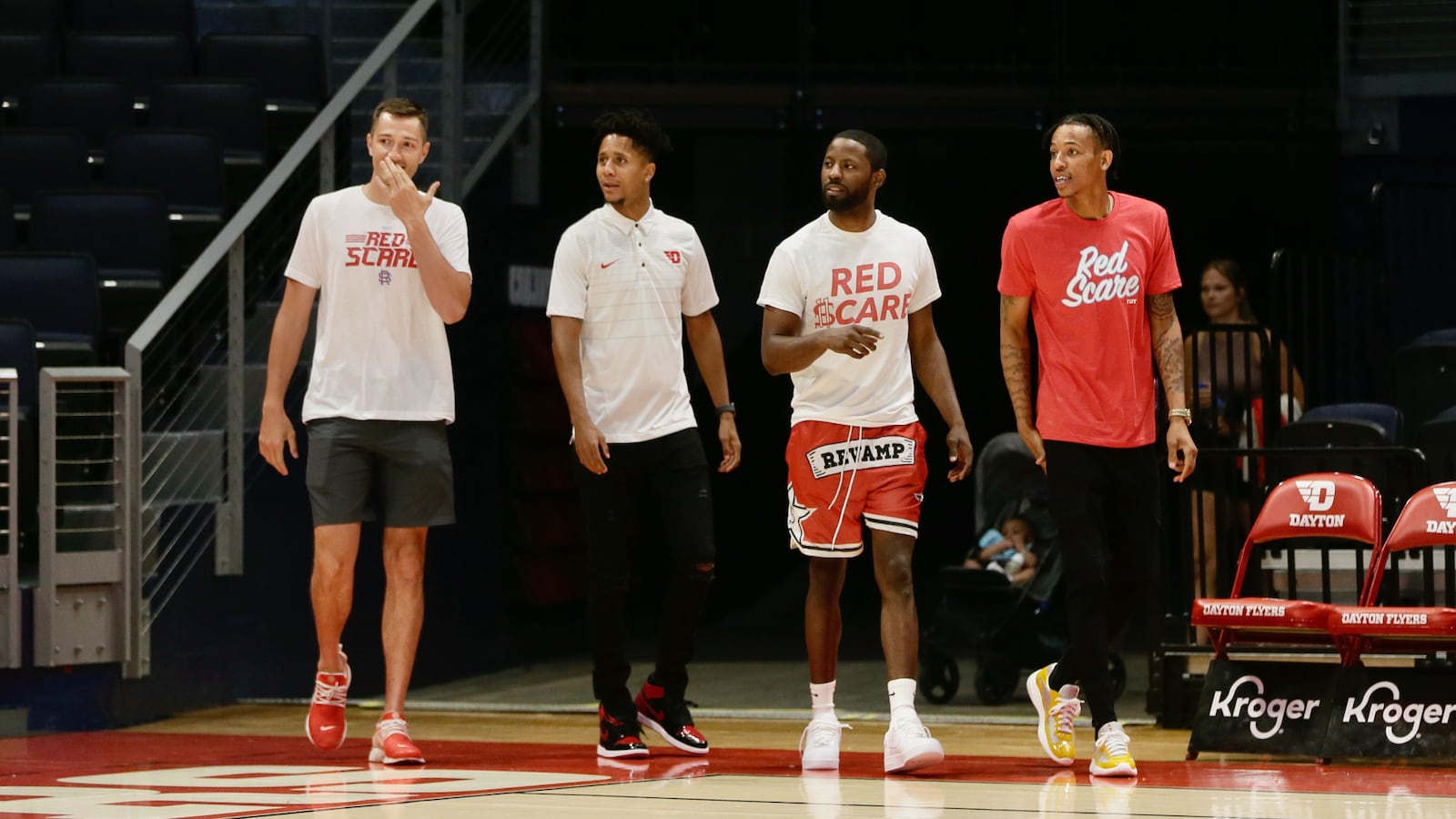 Red Scare teammates Ryan Mikesell, Darrell Davis, Scoochie Smith and Joe Thomasson are introduced to the crowd at a press conference for The Basketball Tournament on Wednesday, June 22, 2022, at UD Arena in Dayton. David Jablonski/Staff