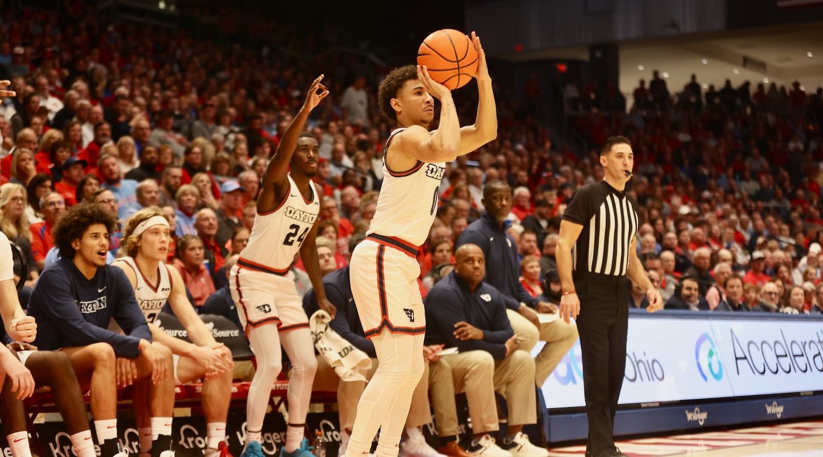 Dayton's Javon Bennett makes a 3-pointer in the second half half against SIUE on Monday, Nov. 6, 2023, at UD Arena. David Jablonski/Staff