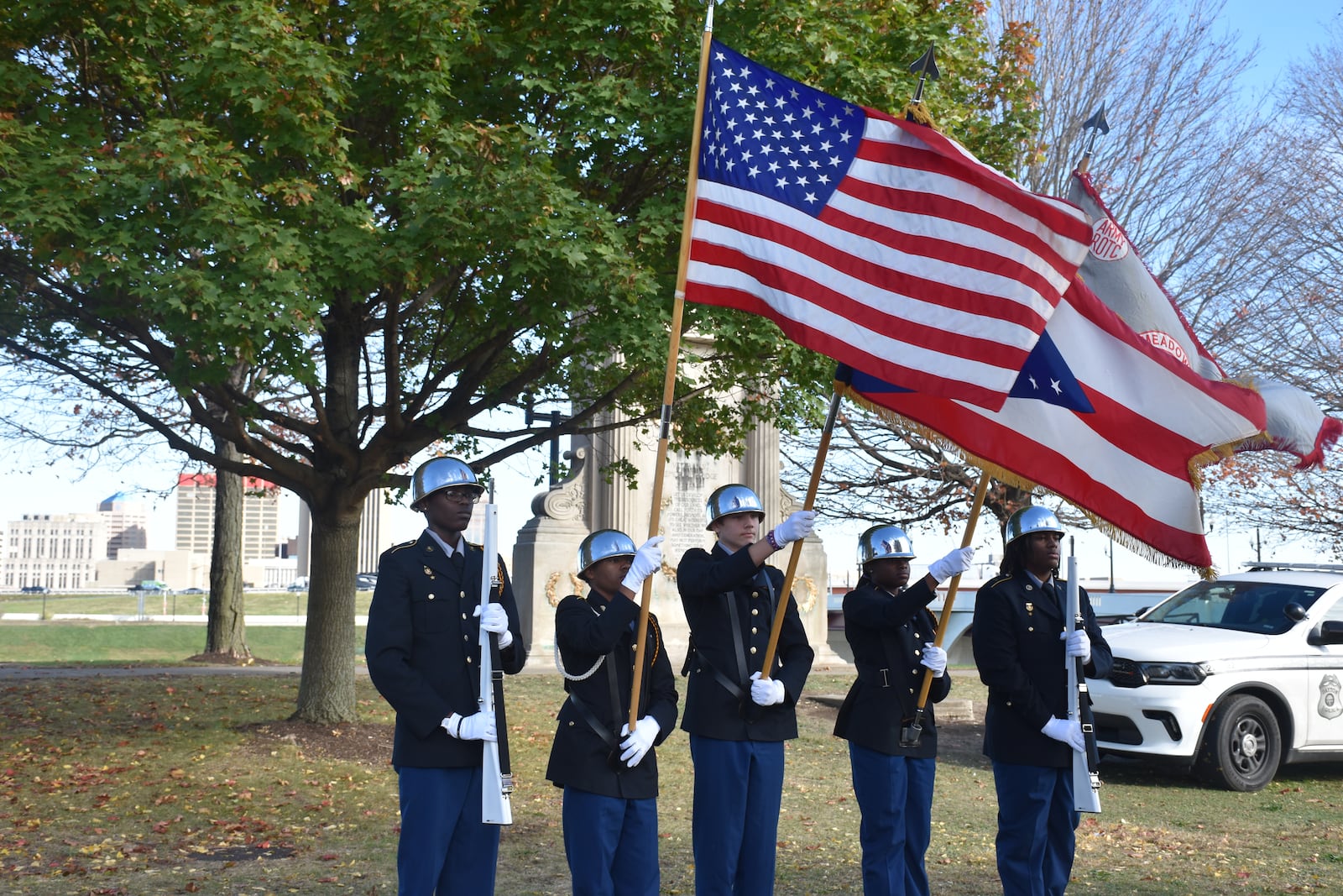 Cadets with the Army ROTC program at Meadowdale High School at a groundbreaking for a new Medal of Honor memorial in West Dayton on Nov. 7, 2024. CORNELIUS FROLIK / STAFF