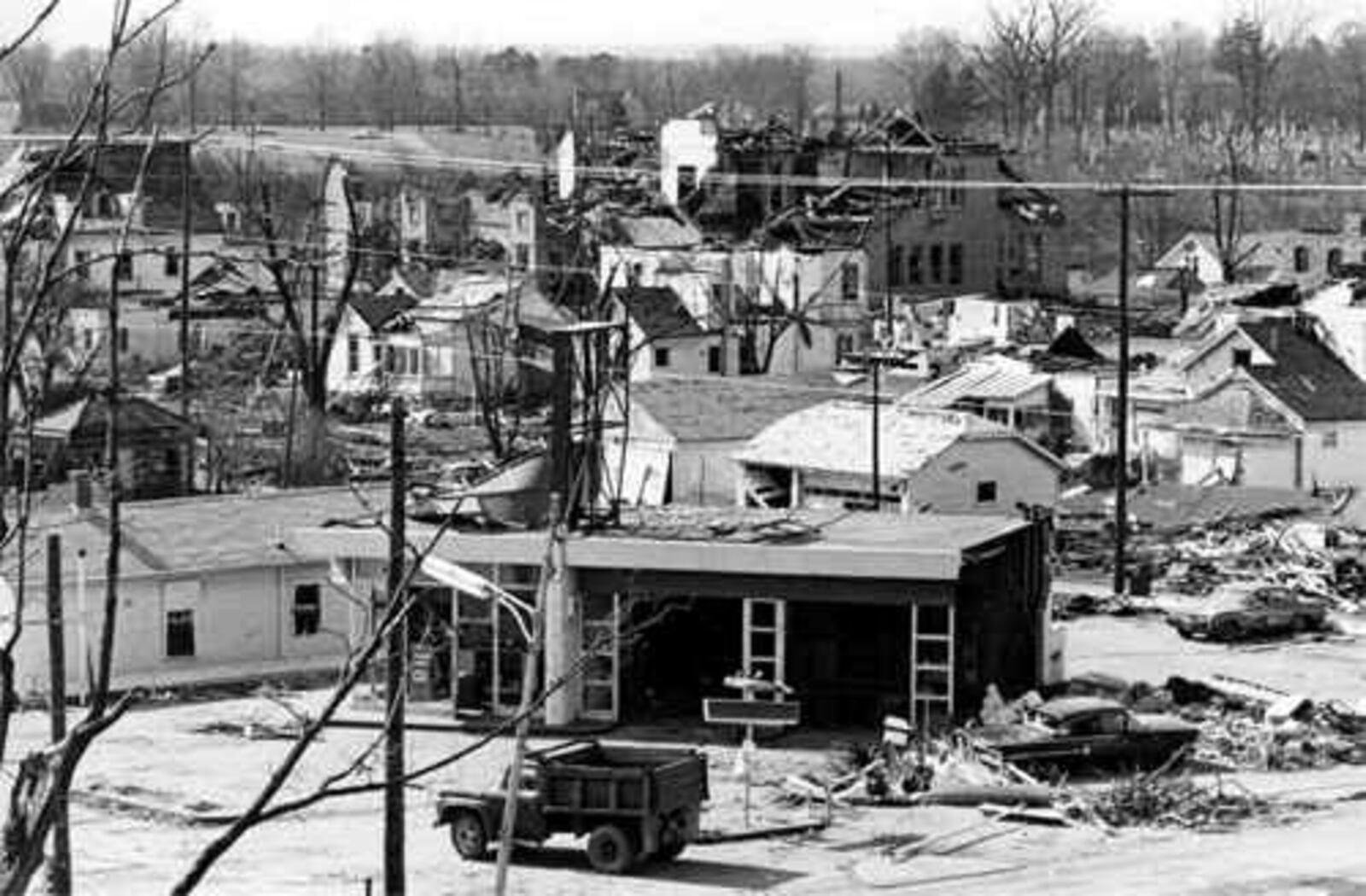 A view looking northwest from the 100 block of West Main St. in Xenia after the 1974 tornado.