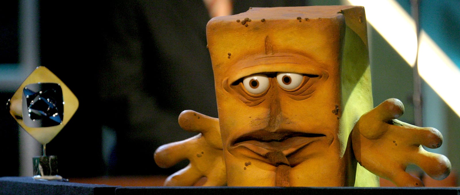 FILE - The tv figure "Bernd das Brot" on stage during the Grimme awards in Marl, Germany, Saturday, April 3, 2004. (AP Photo/Michael Sohn, File)