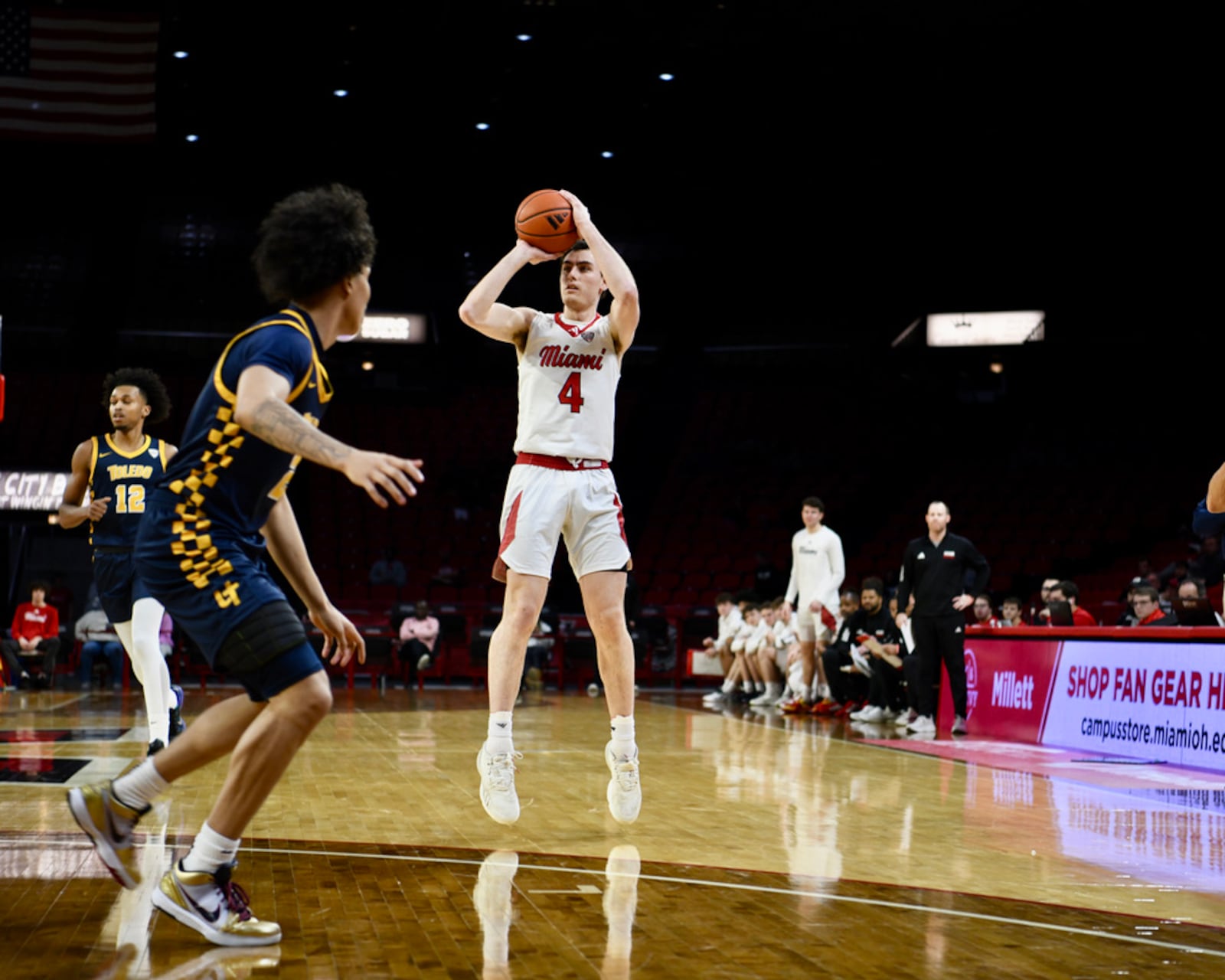 Miami's Kam Craft shoots a 3-pointer during Tuesday night's game vs. Toledo at Millett Hall in Oxford. Miami Athletics photo