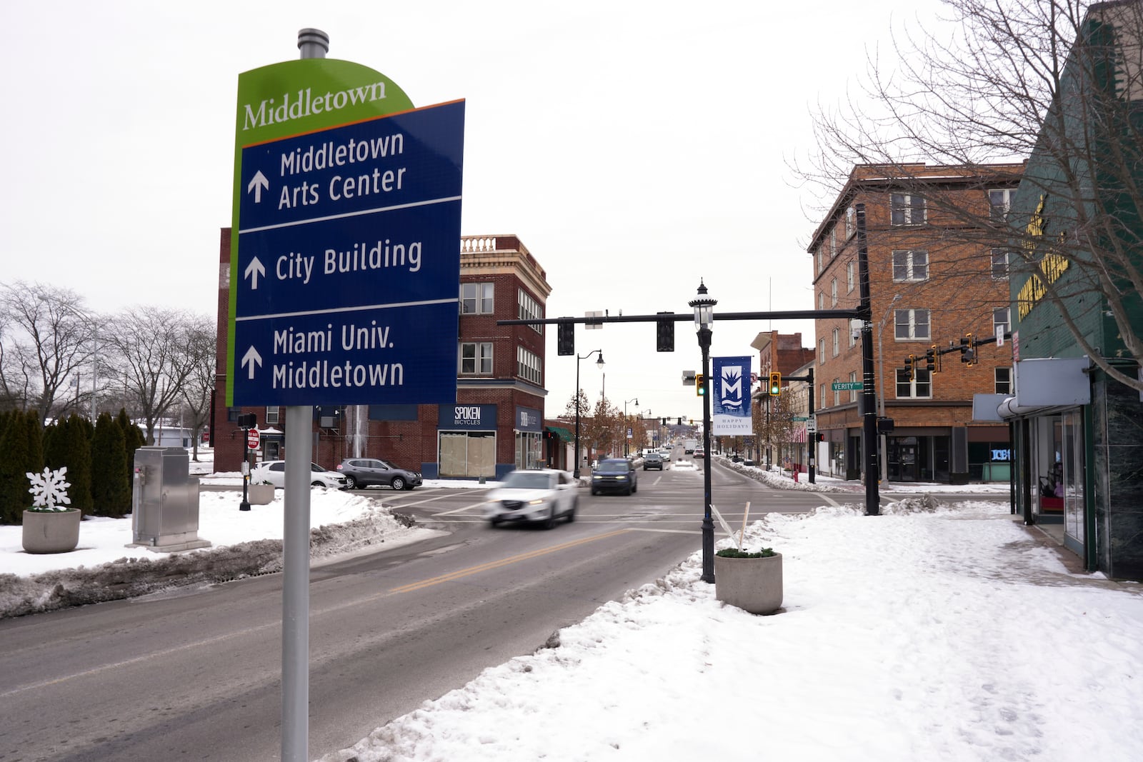 Vehicles travel along Central Avenue through downtown, Tuesday, Jan. 14, 2025, in Middletown, Ohio. The city is the hometown of Vice President-elect JD Vance.(AP Photo/Kareem Elgazzar)