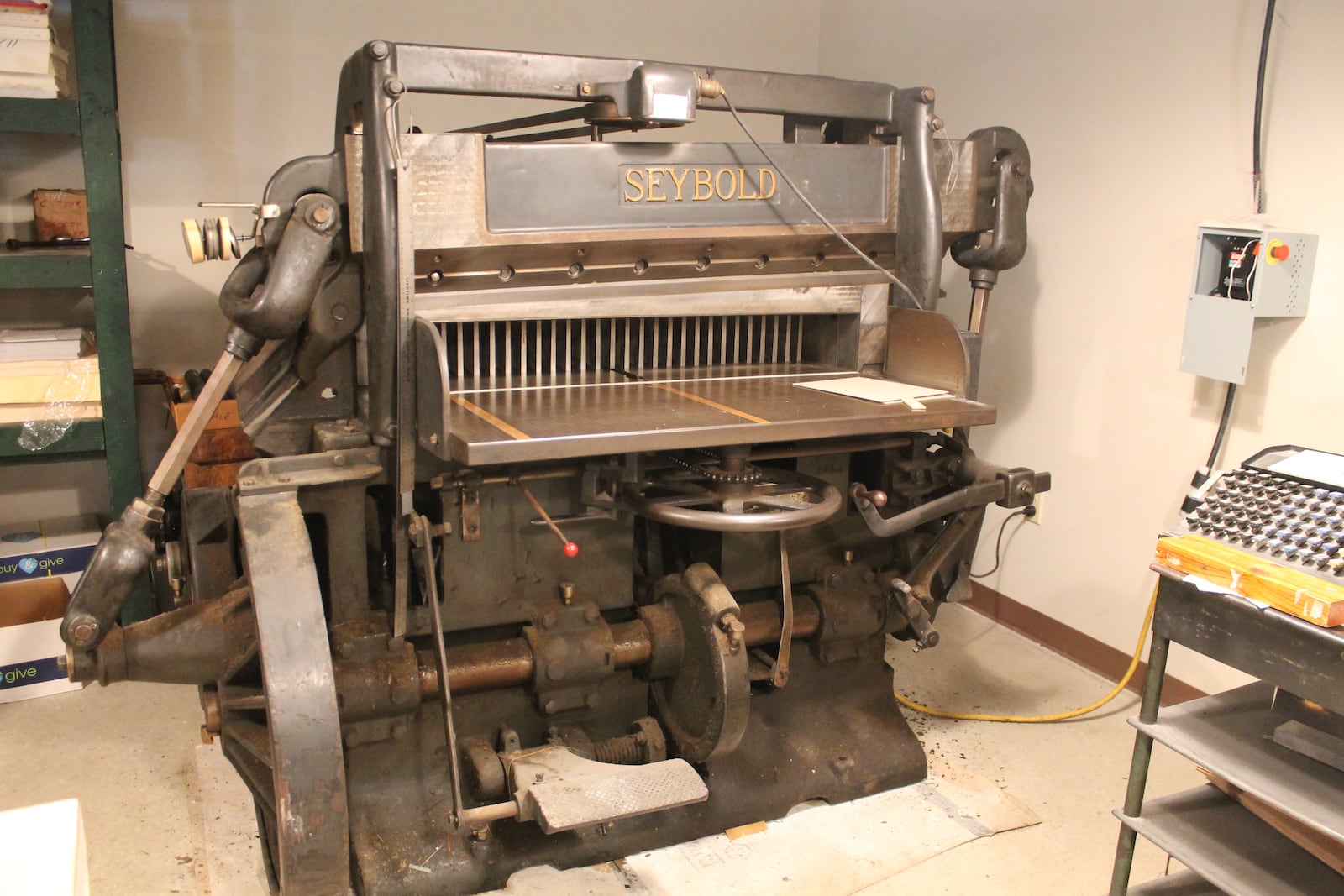 The Seybold Automatic Paper Cutter, made in Dayton and built before 1946, is part of the expanded print shop at Carillon Historical Park. CONTRIBUTED PHOTO