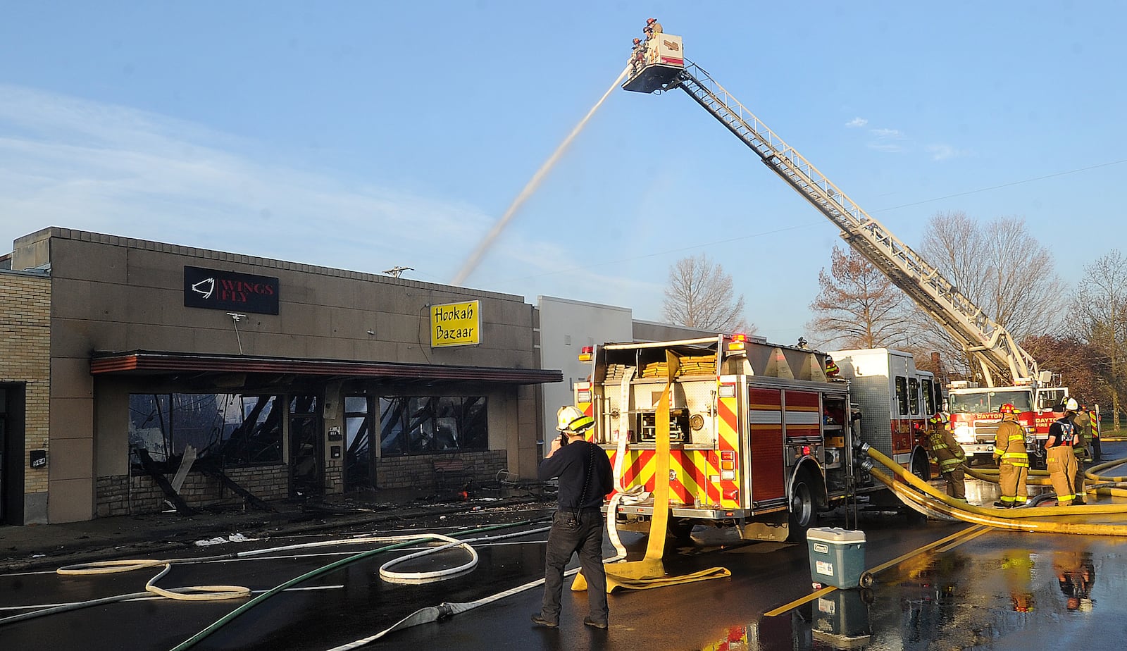 Two businesses suffered heavy fire damage in the 900 block of Patterson Road Thursday morning, March 14, 2024. The cause of the fire remains under investigation. MARSHALL GORBY\STAFF