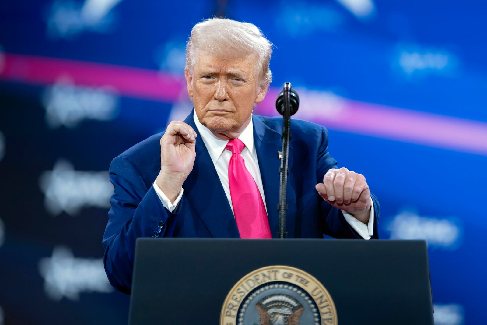 President Donald Trump dances as he speaks at the Conservative Political Action Conference, CPAC, at the Gaylord National Resort & Convention Center, Saturday, Feb. 22, 2025, in Oxon Hill, Md. (AP Photo/Jose Luis Magana)