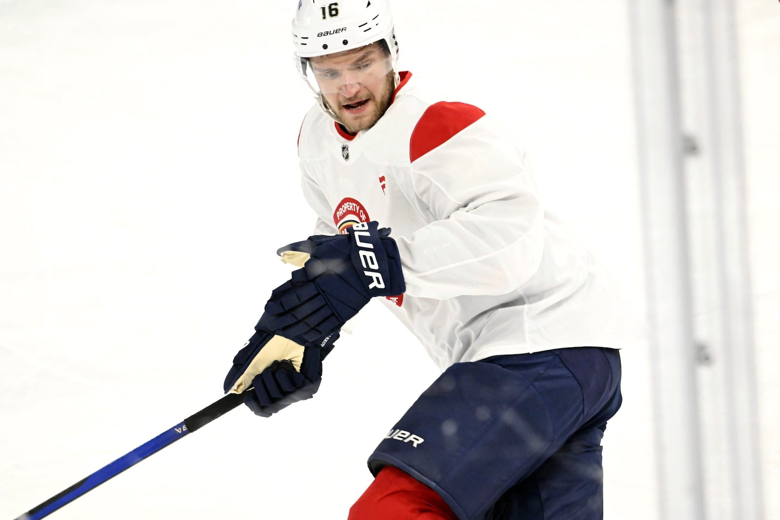 Aleksander Barkov of the Florida Panthers attends the team's practice in Tampere, Finland, on Thursday, Oct. 31, 2024, as the Florida Panthers prepare to play two games against the Dallas Stars in the 2024 NHL Global Series. (Heikki Saukkomaa/Lehtikuva via AP)