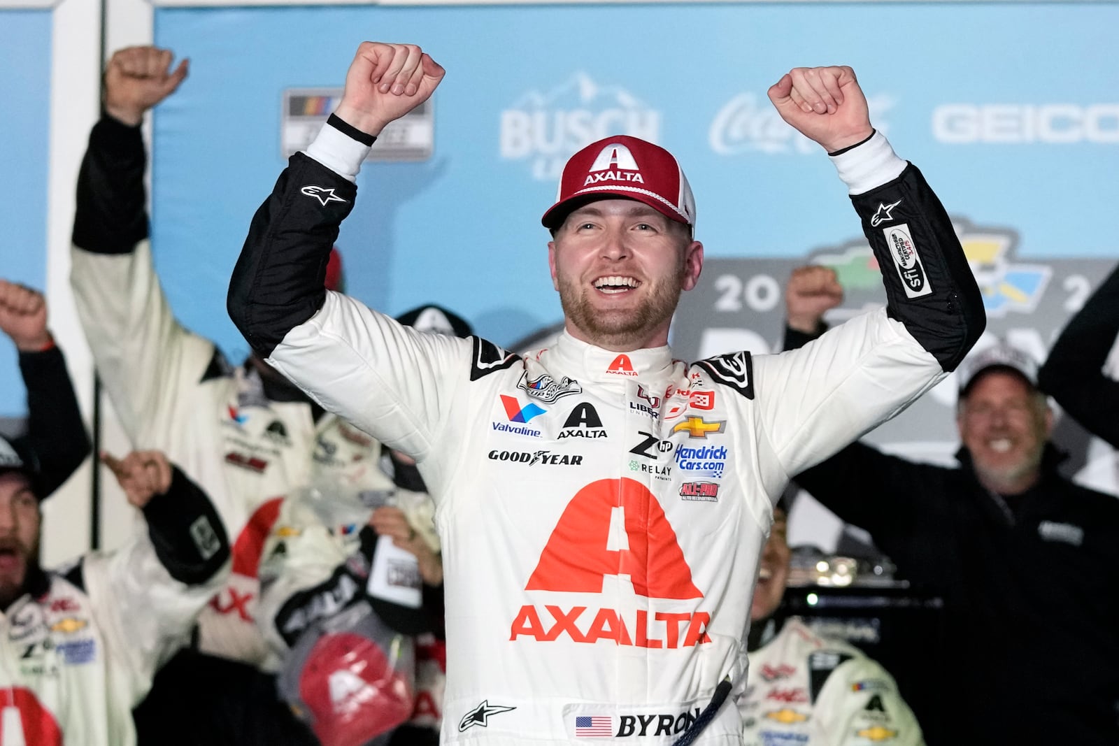 FILE - William Byron celebrates in Victory Lane after winning the NASCAR Daytona 500 auto race at Daytona International Speedway, Feb. 19, 2024, in Daytona Beach, Fla. (AP Photo/John Raoux, File)