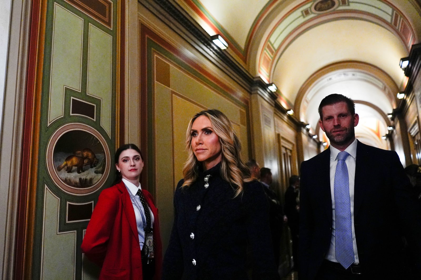 Lara and Eric Trump arrive before the 60th Presidential Inauguration in the Rotunda of the U.S. Capitol in Washington, Monday, Jan. 20, 2025. (Melina Mara/The Washington Post via AP, Pool)