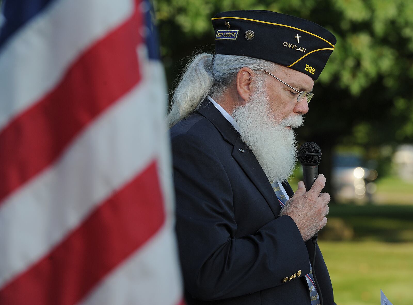 American Legion 526 Chaplain Kevin Knepp gave the invocation for the 20th annual 9/11 Memorial Ceremony in Fairborn Saturday, Sept. 11, 2021 on the front lawn of Calamityville, the National Center for Medical Readiness. MARSHALL GORBY/STAFF



