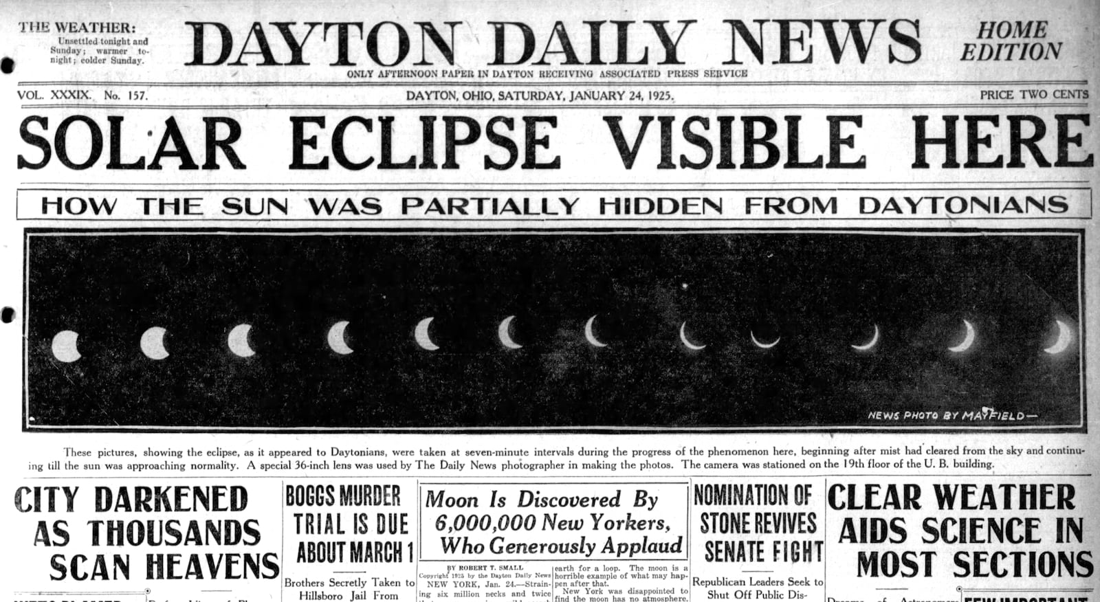 Newspaper coverage of the partial solar eclipse of Jan. 24, 1925. DAYTON DAILY NEWS ARCHIVES