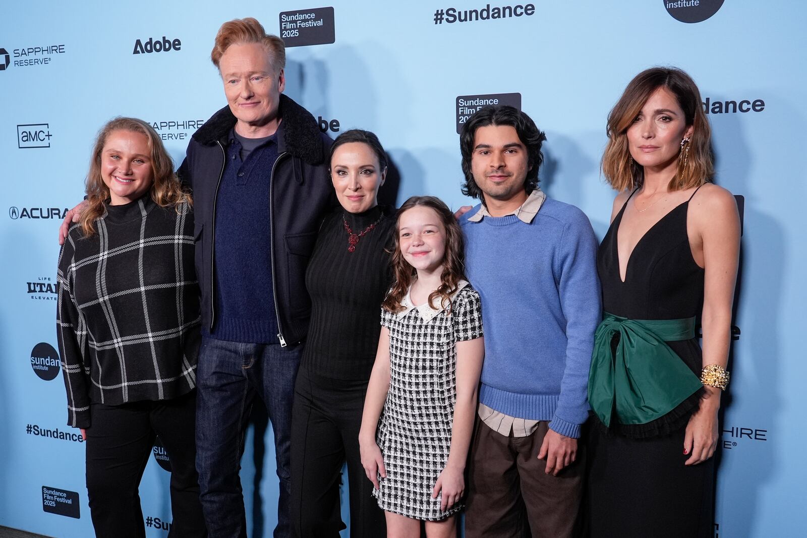 Danielle Macdonald, from left, Conan O'Brien, Mary Bronstein, Delaney Quinn, Daniel Zolghadri, and Rose Byrne attend the premiere of "If I Had Legs I'd Kick You" during the Sundance Film Festival on Friday, Jan. 24, 2025, at Library Theatre in Park City, Utah. (AP Photo/Chris Pizzello)