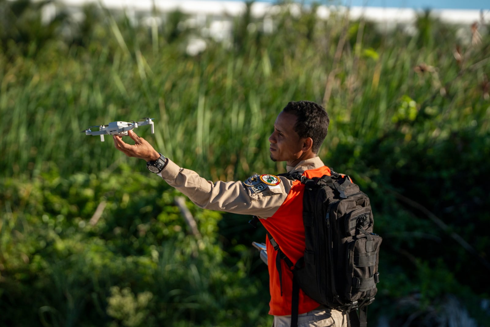 A drone pilot searches for Sudiksha Konanki, a university student from the U.S. who disappeared on a beach in Punta Cana, Dominican Republic, Monday, March. 10, 2025. (AP Photo/Francesco Spotorno)