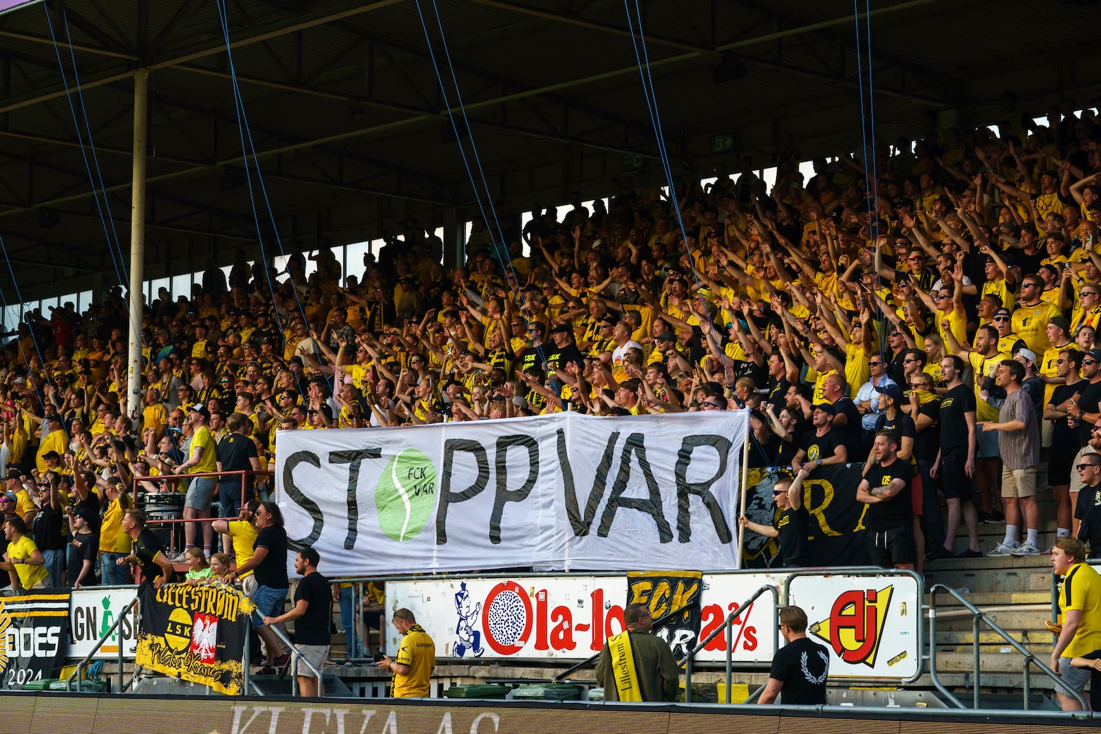 FILE - The home crowd throws tennis balls onto the pitch in a protest against VAR, shortly after kick-off in soccer match between Lillestrom and KFUM Oslo at Arasen Stadium in Oslo, June 27, 2024. (Cornelius Poppe/NTB via AP, file)