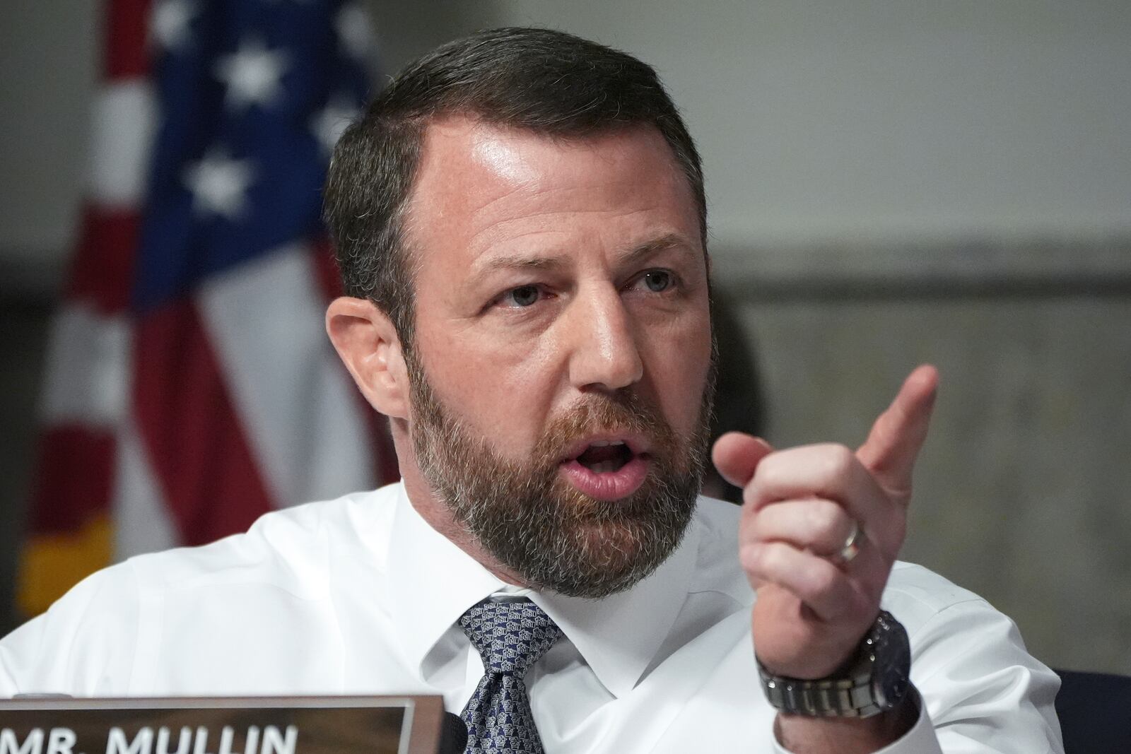 Sen. Markwayne Mullin, R-Okla. speaks at the Pete Hegseth, President-elect Donald Trump's choice to be Defense secretary, appears before the Senate Armed Services Committee for his confirmation hearing, at the Capitol in Washington, Tuesday, Jan. 14, 2025. (AP Photo/Jacquelyn Martin)