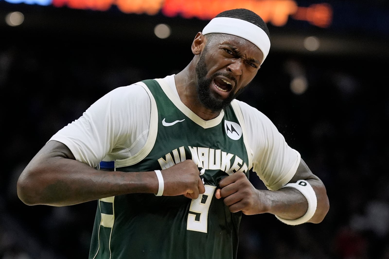 FILE - Milwaukee Bucks' Bobby Portis reacts during the second half of an NBA basketball game against the Los Angeles Clippers Monday, March 4, 2024, in Milwaukee. (AP Photo/Morry Gash, File)