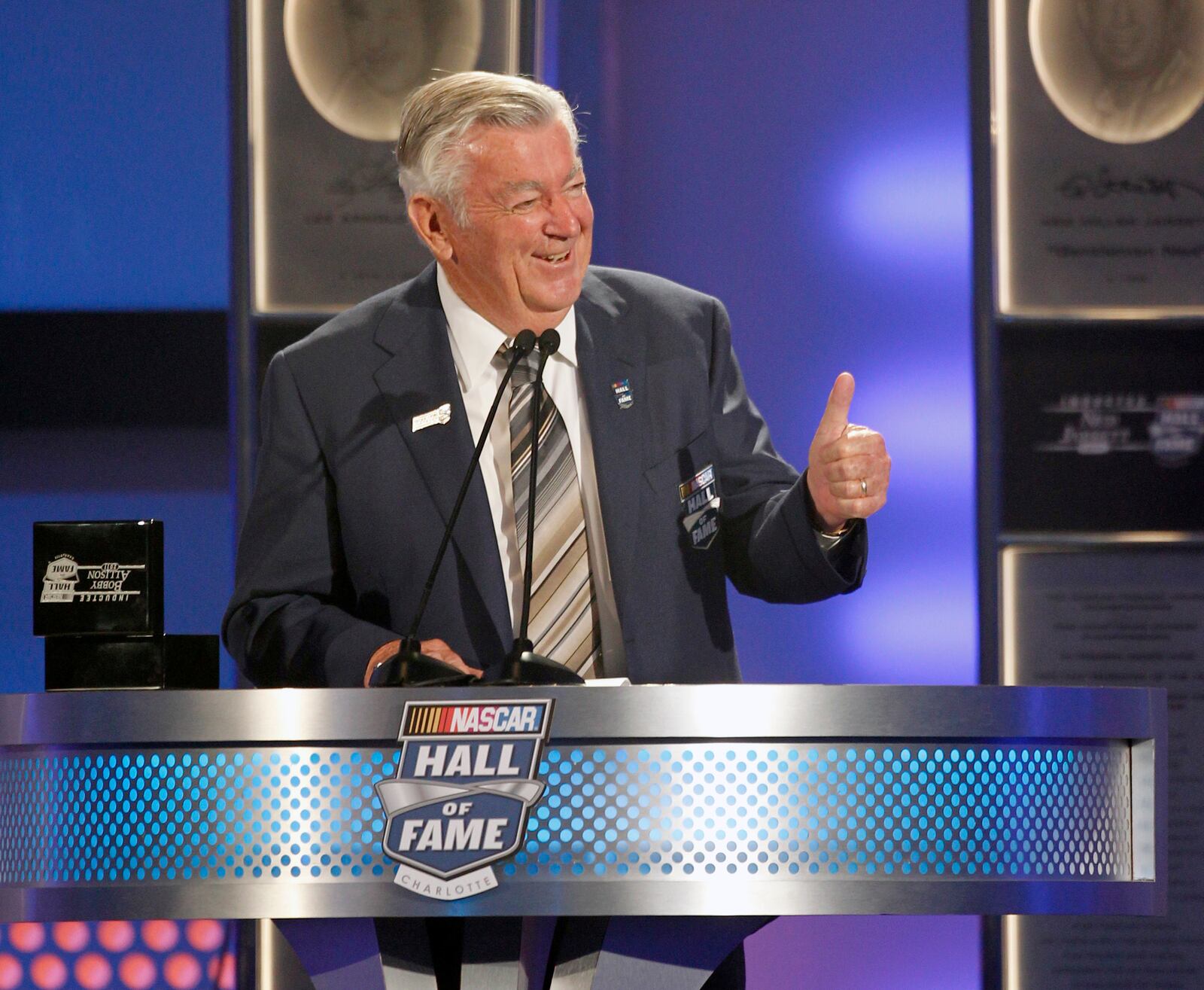 FILE - Bobby Allison speaks after being inducted into the NASCAR Hall of Fame in Charlotte, N.C., Monday, May 23, 2011. (AP Photo/Terry Renna, File)