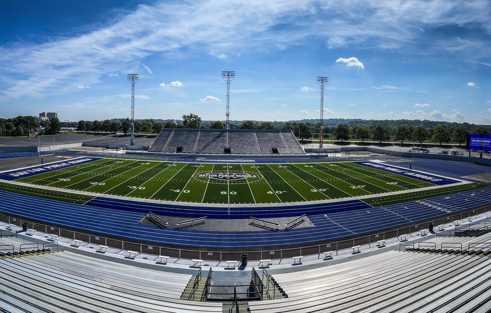 Dayton Public Schools held a walk through for the media at the nearly completed Welcome Stadium prior to the first game Thursday night between Thurgood Marshall and Dohn Prep. The renovations cost $29 million. JIM NOELKER/STAFF