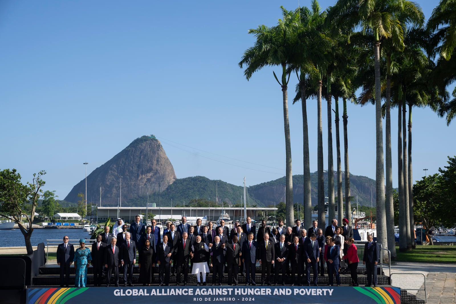 G20 leaders pose for a group photo without President Joe Biden, Prime Minister of Canada Justin Trudeau and Prime Minister of Italy Giorgia Meloni, at the G20 Summit in Rio de Janeiro, Monday, Nov. 18, 2024. (AP Photo/Manuel Balce Ceneta, Pool)