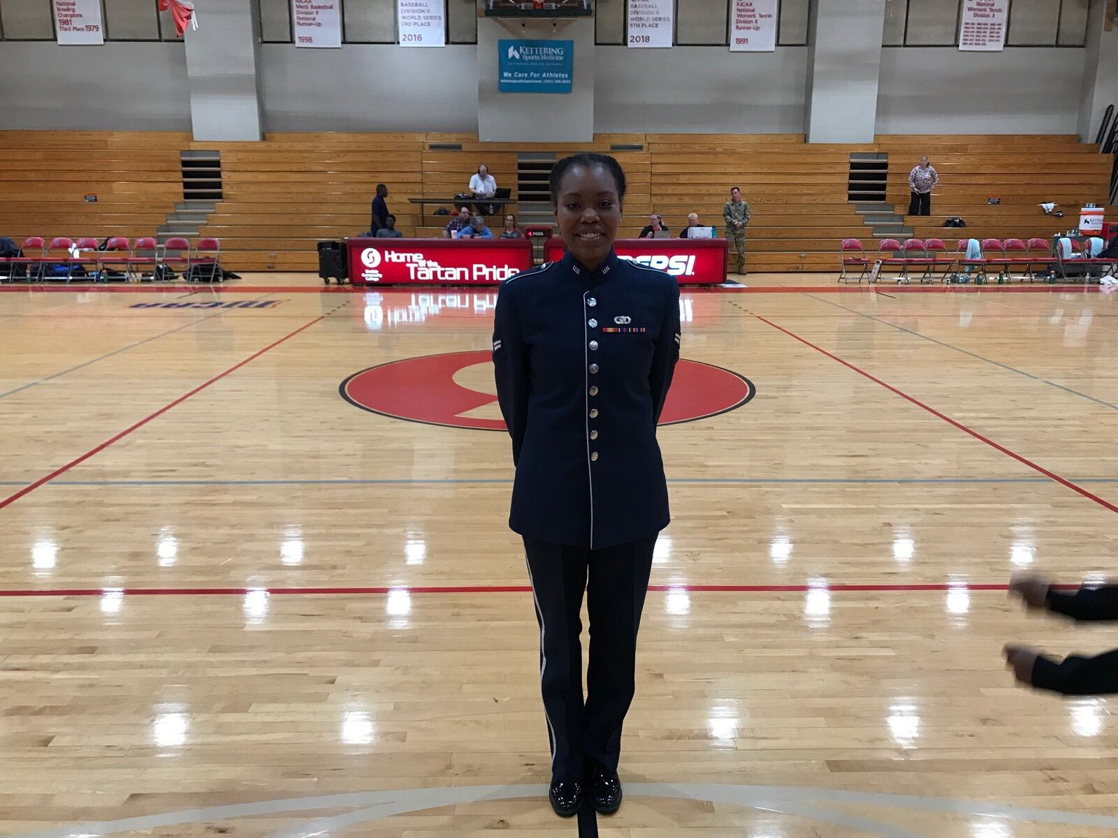 Airman 1st Class Melan Smartt, featured singer with the USAF Band of Flight, at Sinclair s Military Appreciation Night basketball game on Veterans Day.Tom Archdeacon/CONTRIBUTED