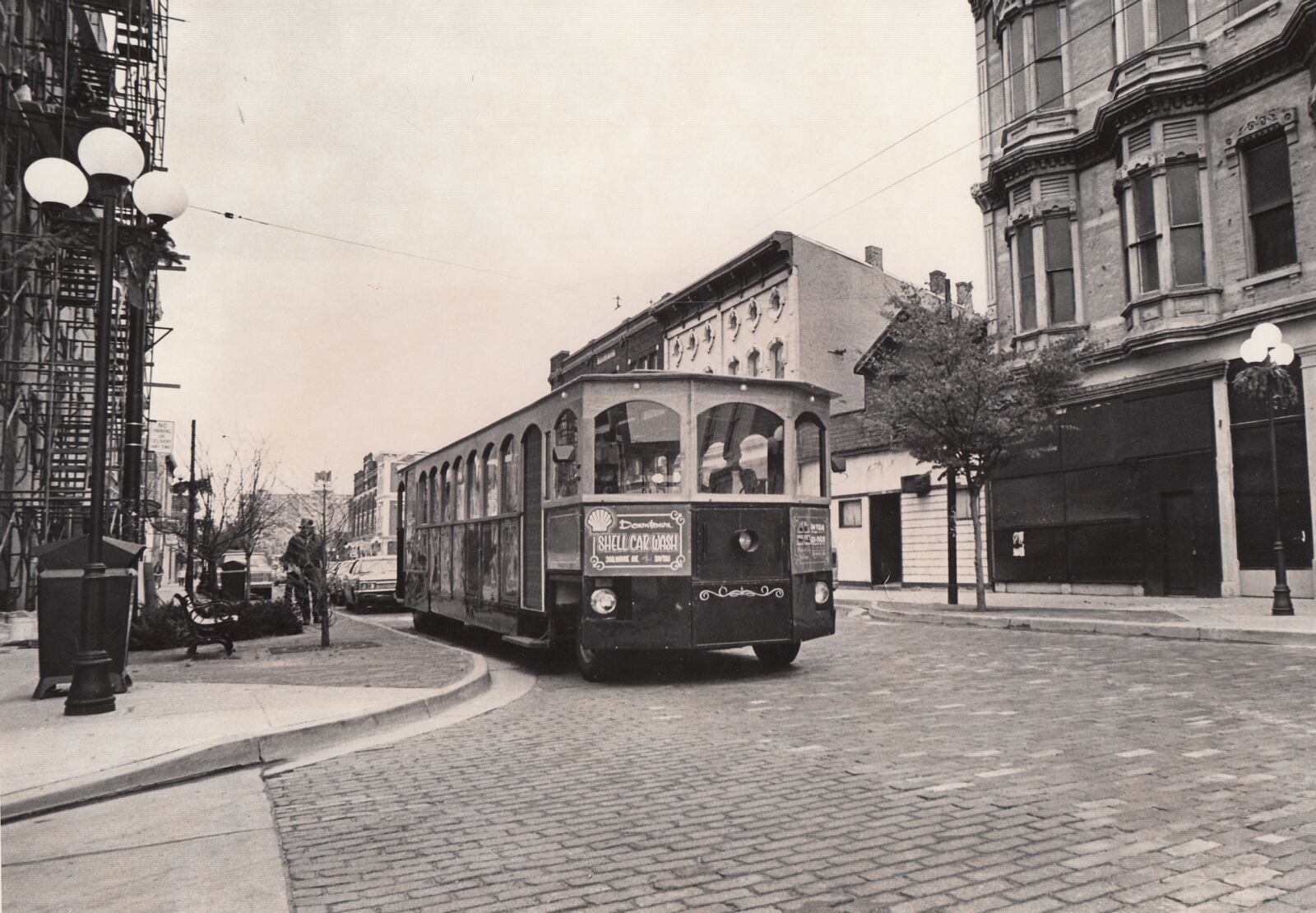 Nov. 18, 1983: Person in the Oregon District, especially the older people, could have a flashback to the years of the 1920s and 30s as a trolley makes its way west on Fifth Street Friday morning heading for Courthouse Square.