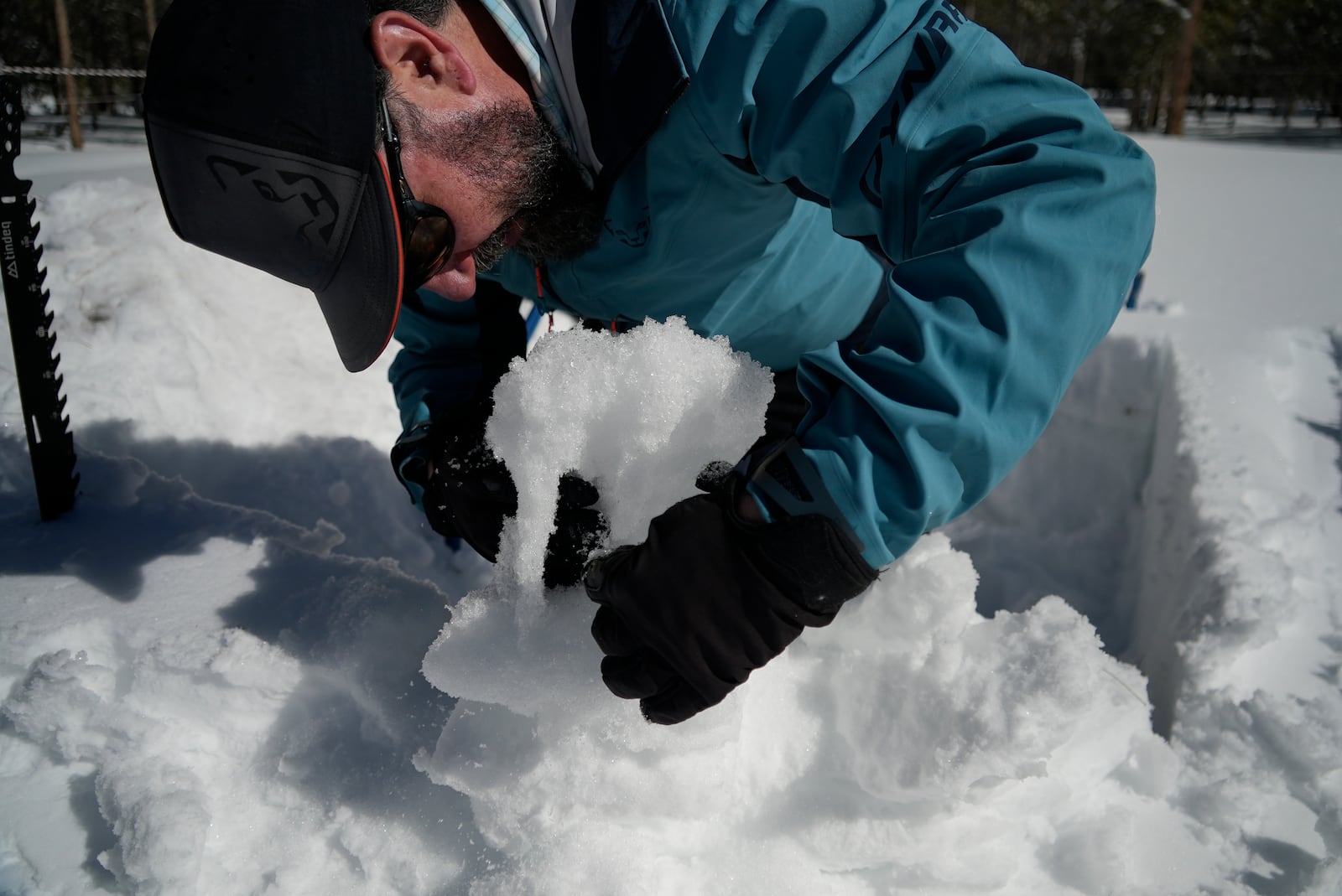 Ethan Greene, director of the Colorado Avalanche Information Center, shows a percolation column in the snowpack Wednesday, March 5, 2025, in Leadville, Colo. (AP Photo/Brittany Peterson)