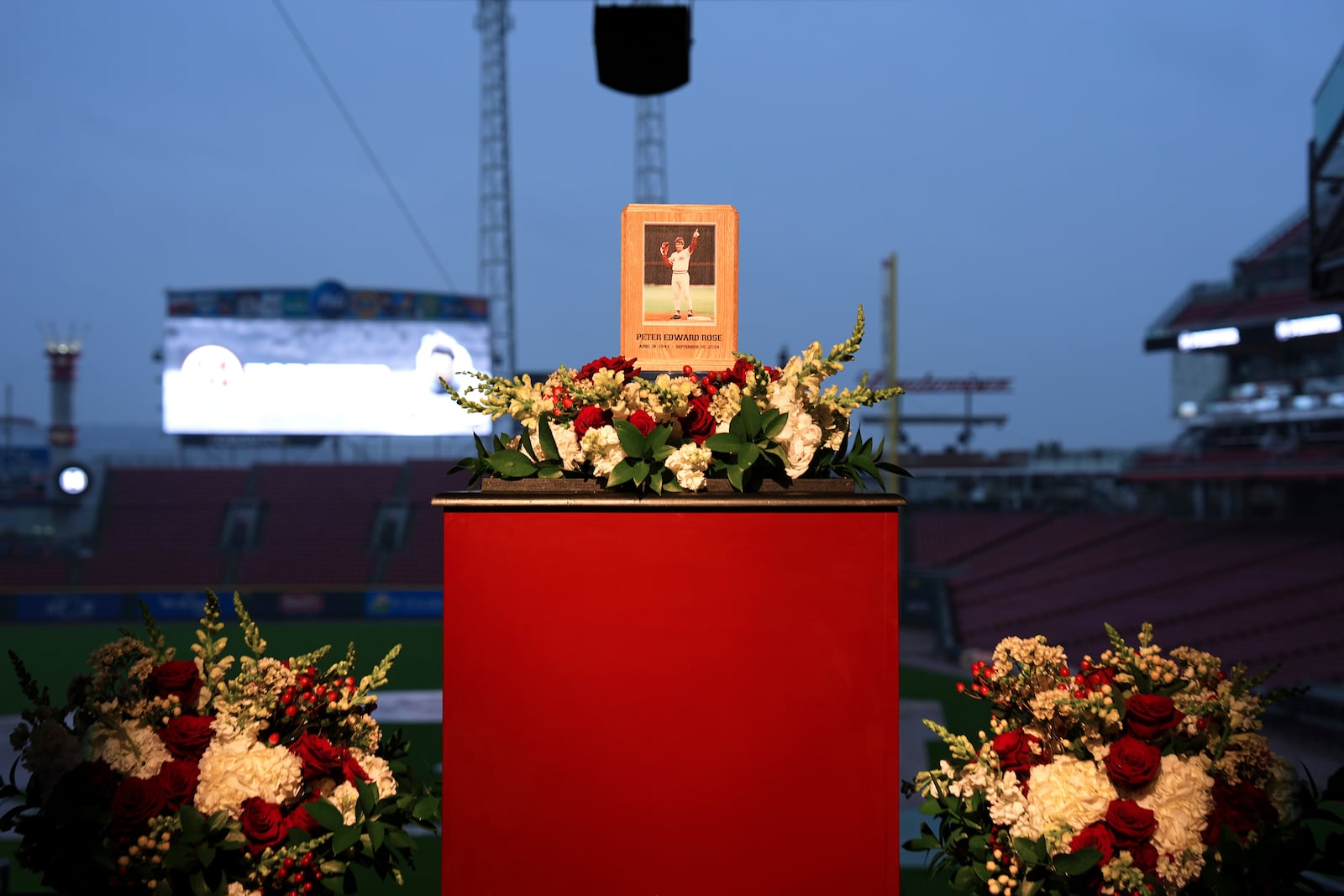 Baseball fans line up to pay their respects to Cincinnati Reds legend Pete Rose during a public visitation, Sunday, Nov. 10, 2024, at Great American Ball Park in Cincinnati. (AP Photo/Kareem Elgazzar)