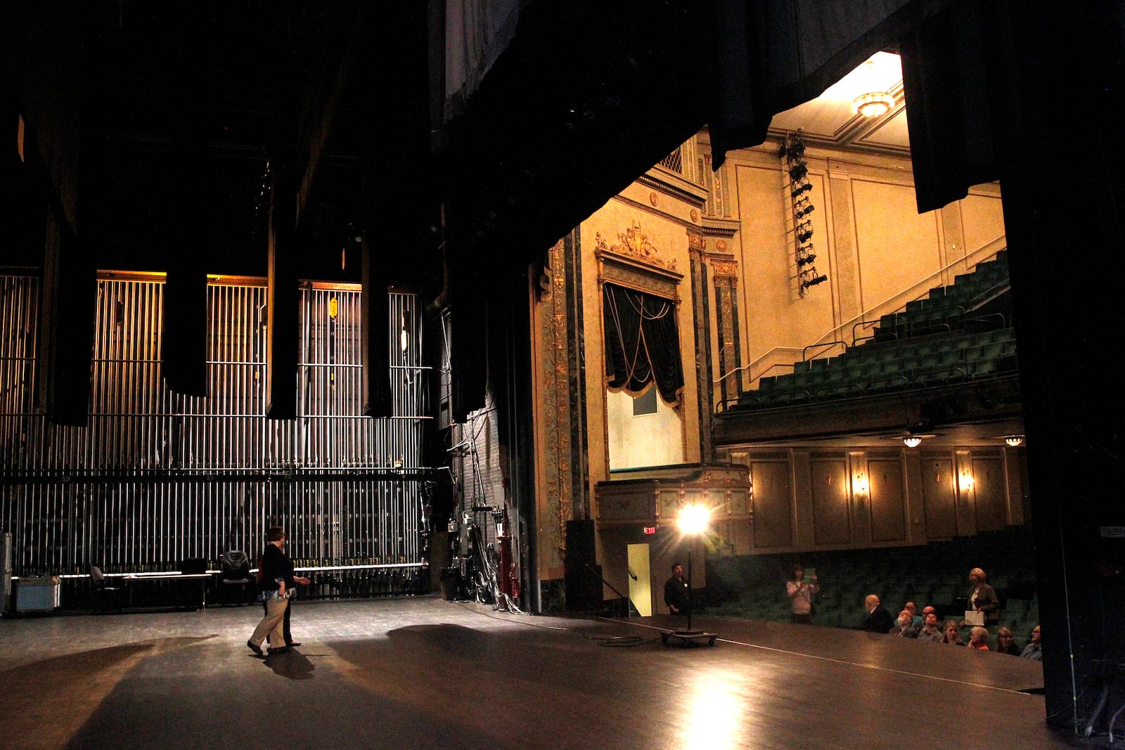 From the wings the Victoria Theatre stage looms toward the house. The historic theatre is celebrating its' 150th anniversary. LISA POWELL / STAFF