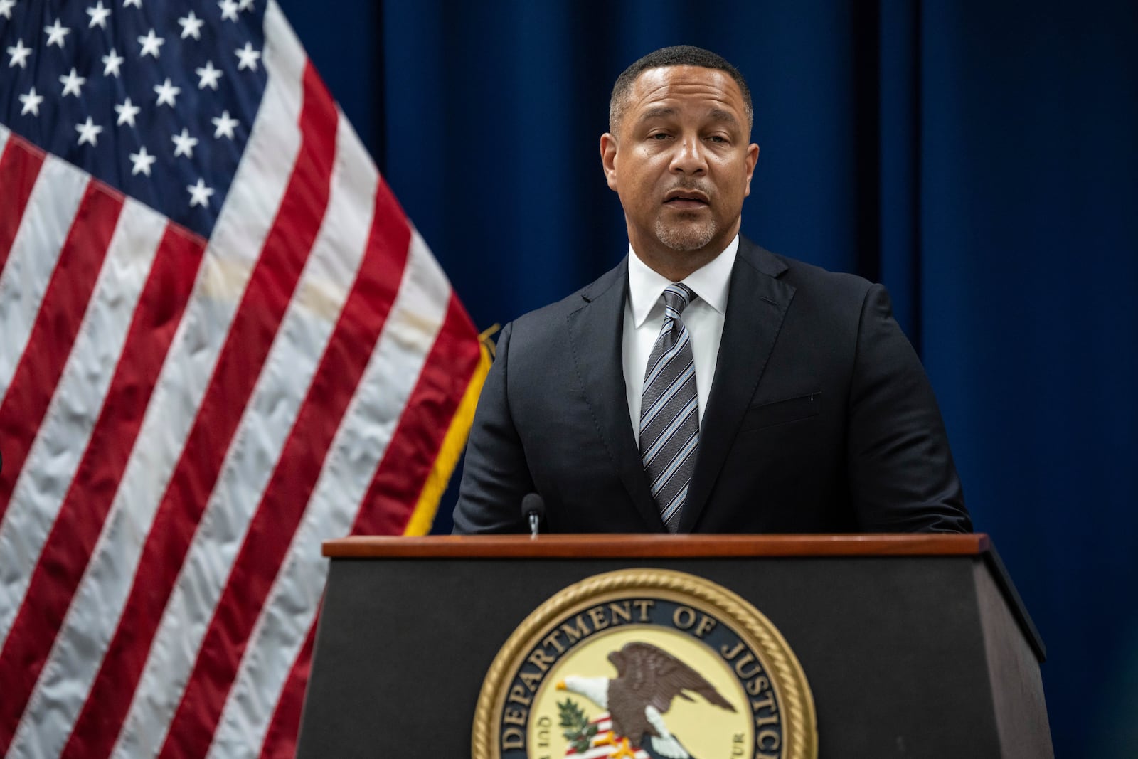 United States Attorney for the Eastern District of New York Breon Peace speaks during a press conference regarding the arrests of former Abercrombie & Fitch CEO Mike Jeffries and his partners as part of sex trafficking investigation at the U.S. Attorney's Office, Tuesday, Oct. 22, 2024, in New York. (AP Photo/Yuki Iwamura)