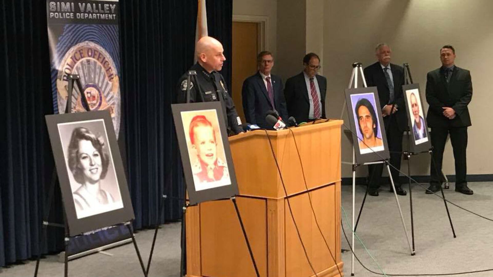 Simi Valley Police Chief David Livingstone speaks in November 2017 about the November 1978 slayings of Rhonda Lynn Wicht, 24, and her 4-year-old son, Donald, pictured in the photos on the easels to his right. Craig Richard Coley, who was convicted of the crimes in 1980, was exonerated last year through new DNA testing and Simi Valley detectives are now looking at the DNA to see if it matches that of Golden State Killer suspect Joseph James DeAngelo Jr. DeAngelo, 72, was arrested last week, accused of committing a string of serial killings and rapes that terrorized multiple California communities in the 1970s and 1980s.