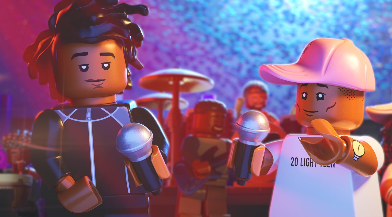 This image released by Focus Features shows lego characters voiced by Jay-Z, left, and Pharrell Williams, in a scene from "Piece By Piece." (Focus Features via AP)