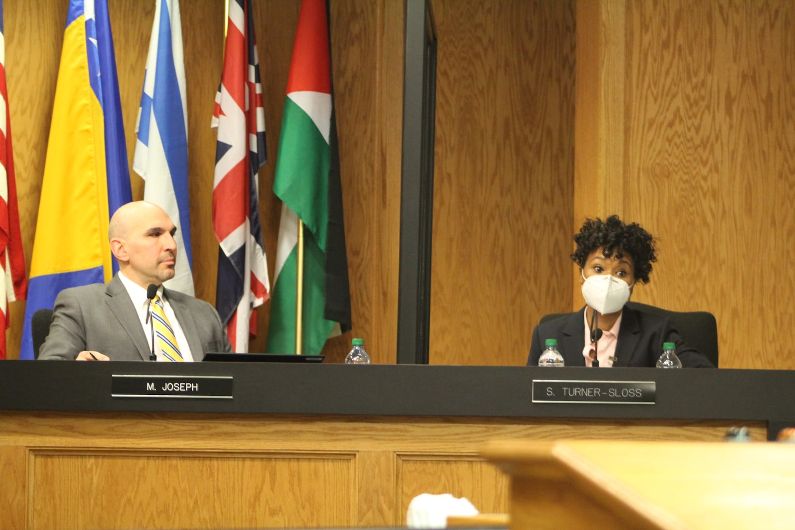 Dayton City Commissioners Matt Joseph and Shenise Turner-Sloss at the Wednesday, March 2 meeting. CORNELIUS FROLIK / STAFF