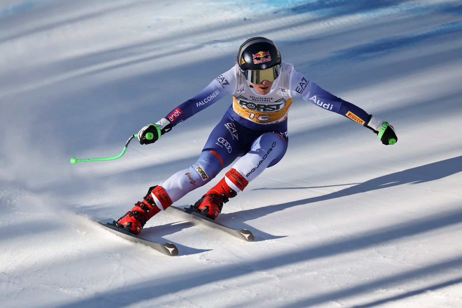 Italy's Sofia Goggia speeds down the course during an alpine ski, women's World Cup downhill, in Cortina d'Ampezzo, Italy, Saturday, Jan. 18, 2025 (AP Photo/Marco Trovati)