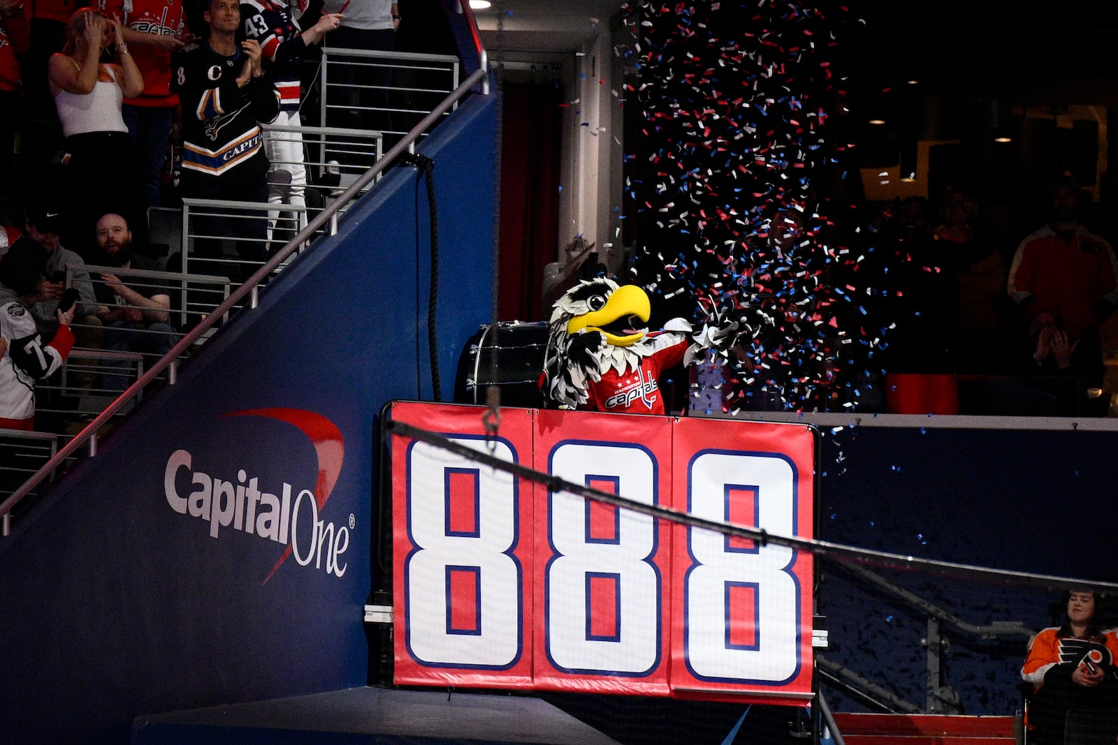 The goal counter reads 888 for the number of career goals by Washington Capitals left wing Alex Ovechkin after he scored during the first period of an NHL hockey game against the Philadelphia Flyers, Thursday, March 20, 2025, in Washington. (AP Photo/Nick Wass)