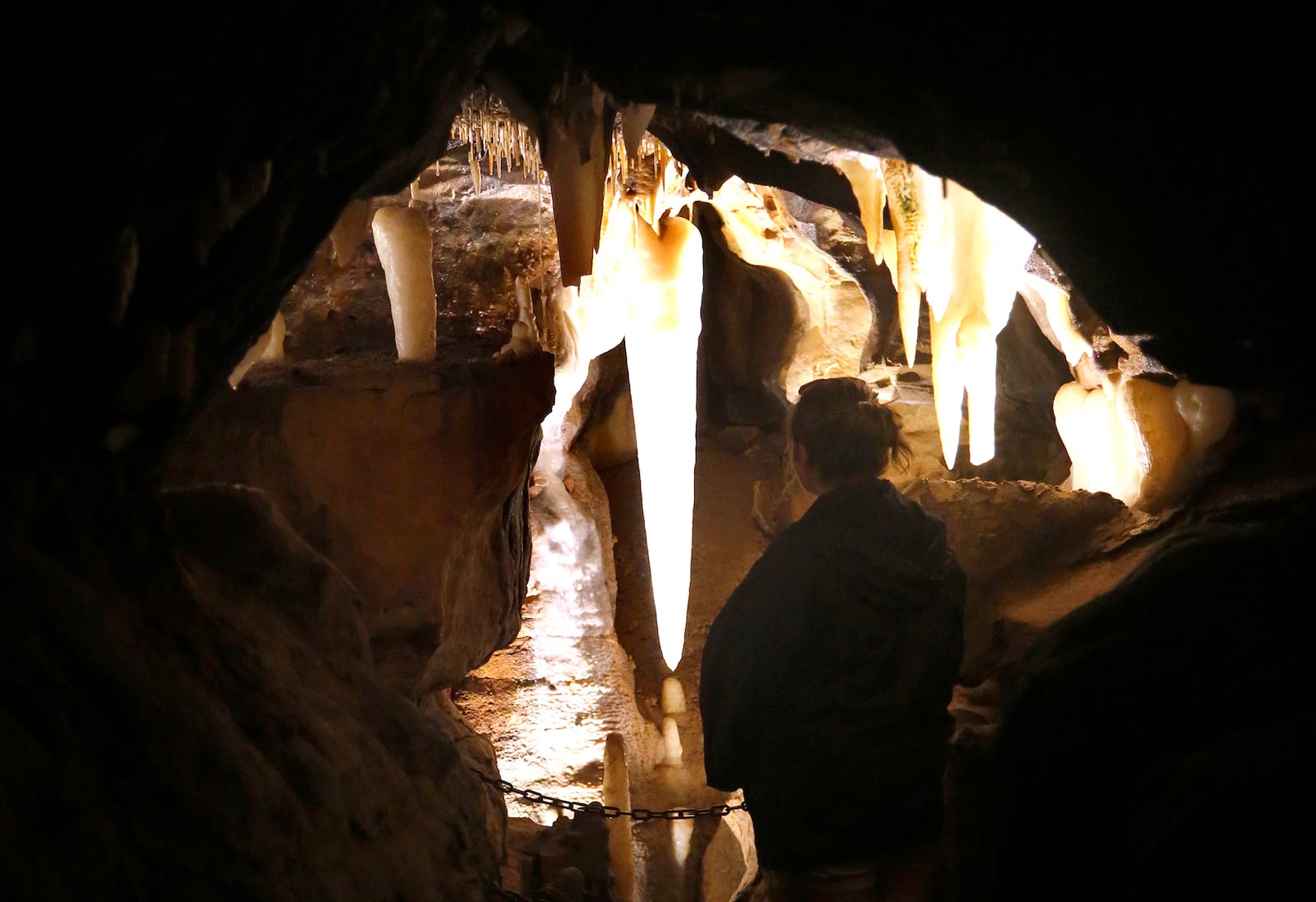 The Crystal King, at Ohio Caverns, is the oldest in Ohio. Known for its natural white color, the 200,000 year-old stalactite is nearly 5-feet-long. LISA POWELL / STAFF