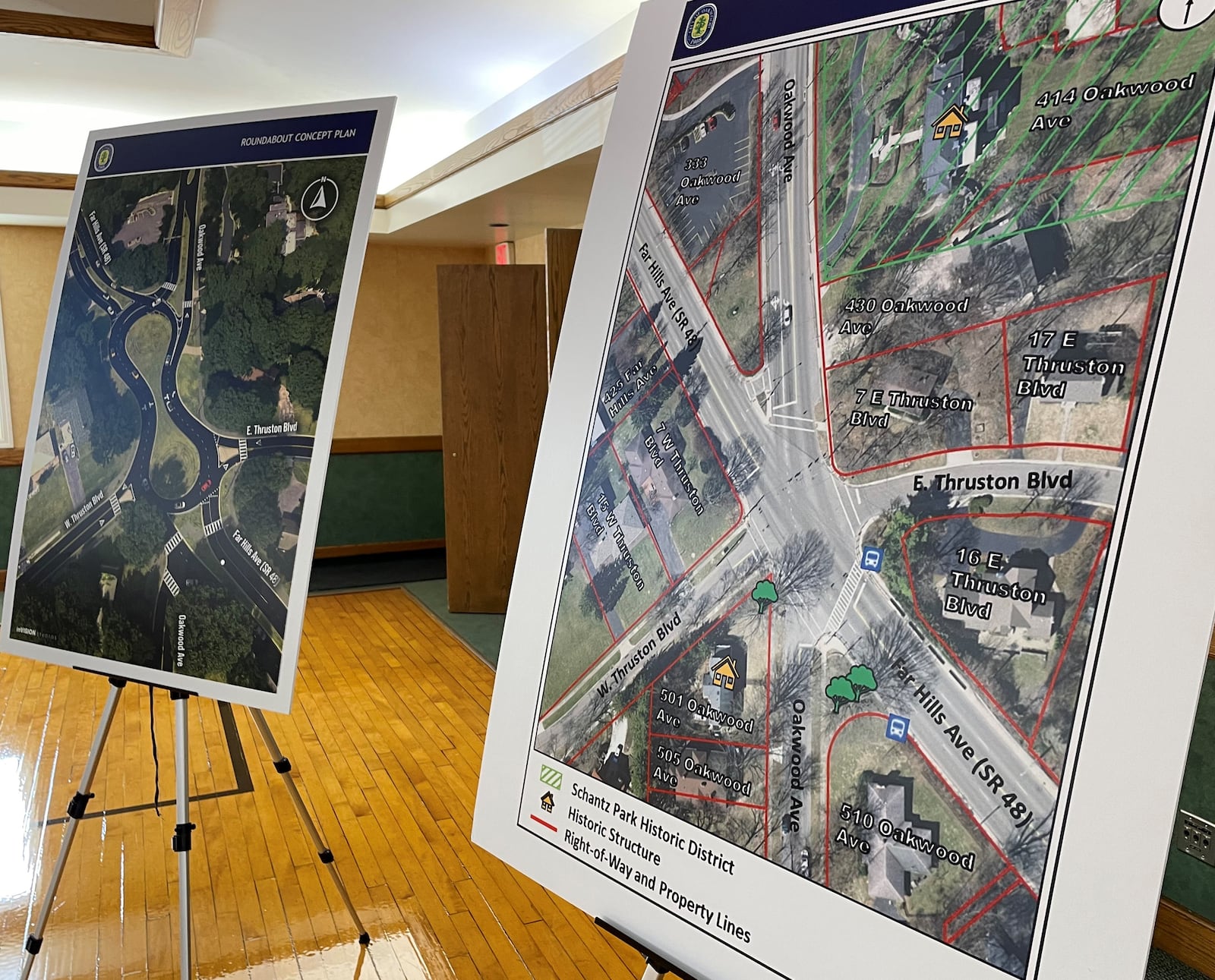 A dozen display boards were part of a Wednesday night on a proposed roundabout design on Ohio 48 in Oakwood. NICK BLIZZARD/STAFF