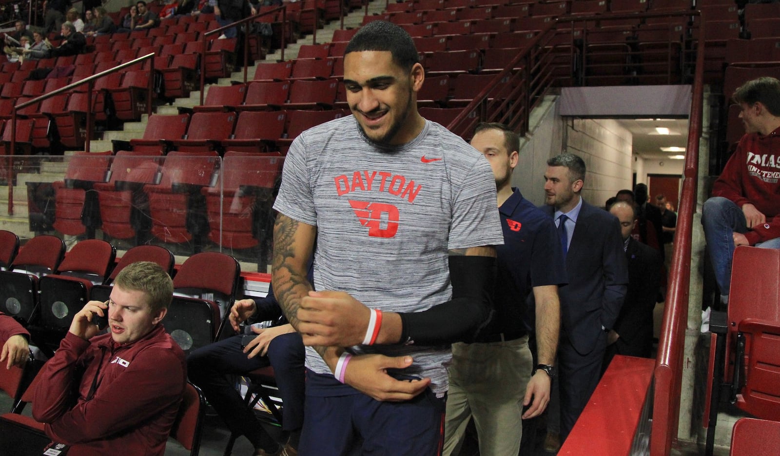 Dayton’s Obi Toppin takes the court before a game against Massachusetts on Feb. 15, 2020, at the Mullins Center in Amherst, Mass. David Jablonski/Staff