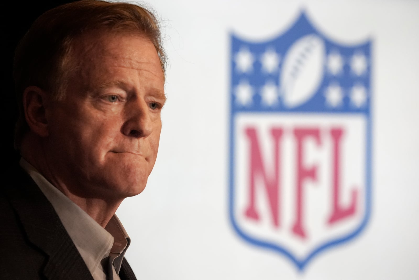 NFL Commissioner Roger Goodell listens to a question from the media at the NFL football owners meeting Wednesday, Dec. 11, 2024, in Irving, Texas. (AP Photo/LM Otero)